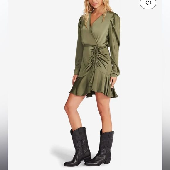 Steve Madden Nyla Long Sleeve V Neck Faux-Wrap Ruched Dress L NWT - Picture 2 of 7